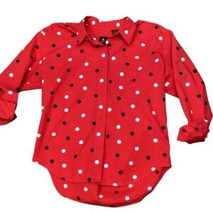Vintage‎ LizSport Red Button Down Blouse Oversized Small Petite 100% Cotton Dots